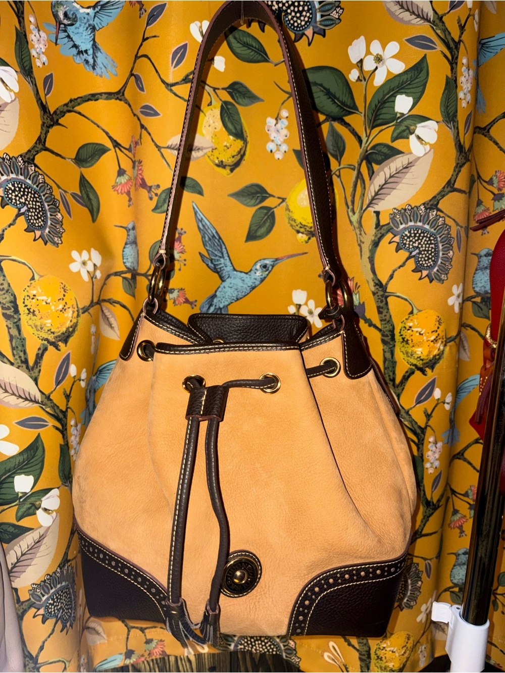 Dooney and Bourke Suede Nubuck Vintage Chamois Bucket Drawstring Bag